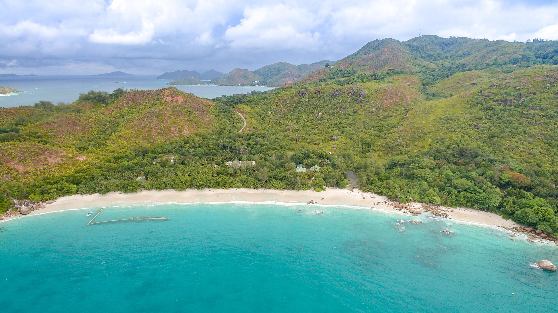 Aerial view of Anse Lazio bay on the north-west tip of Praslin