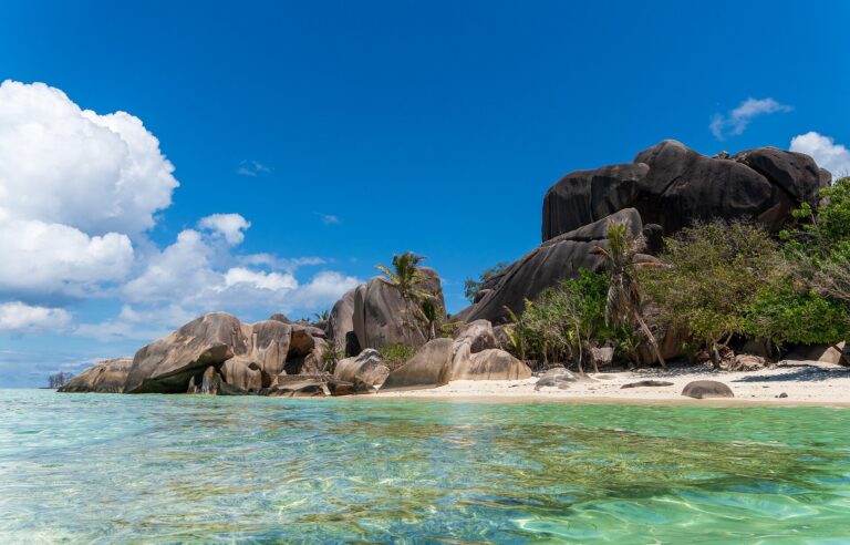 Granite boulders and turquoise shallows at Anse Source d'Argent on La Digue
