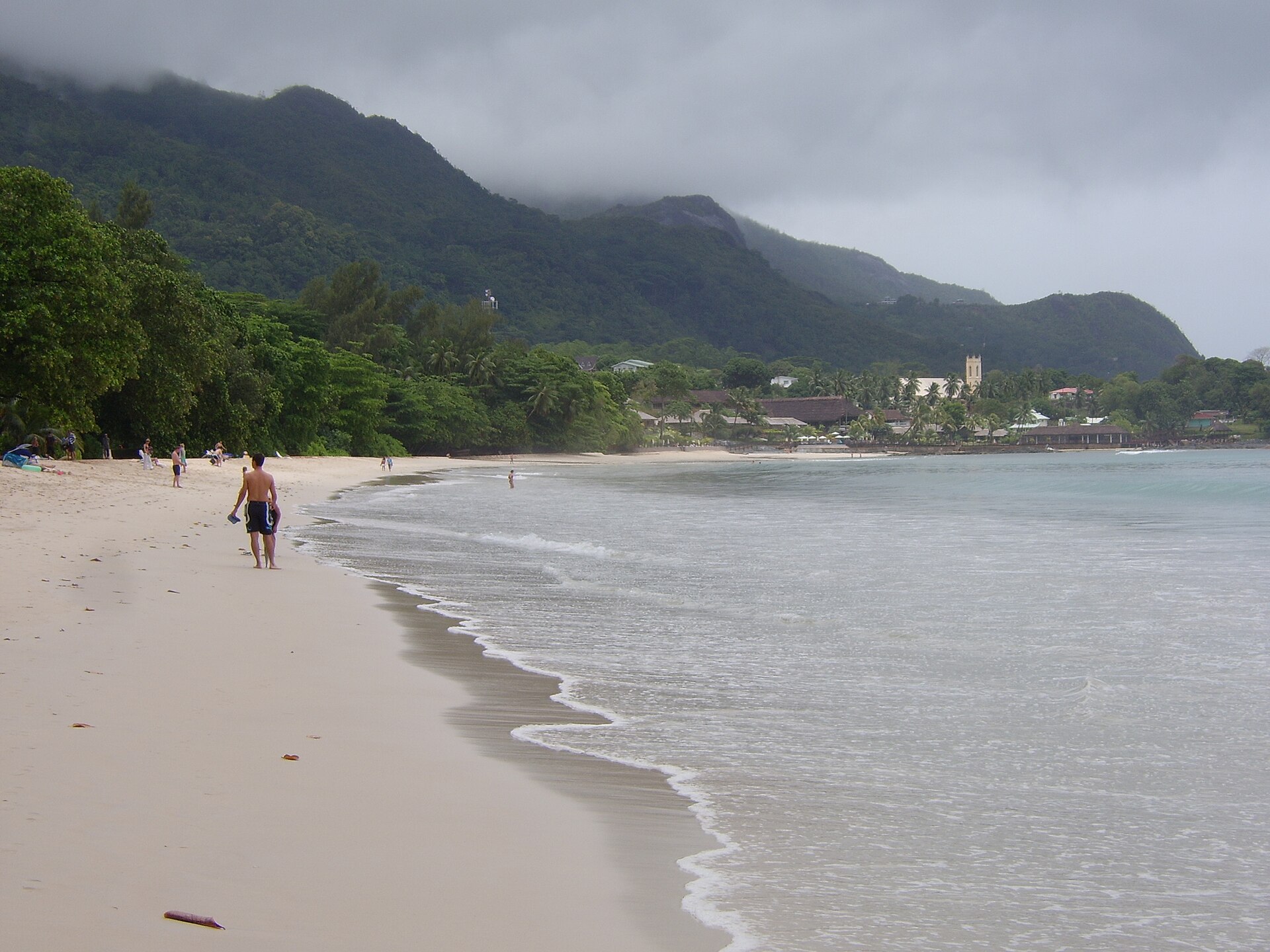 The long curve of Beau Vallon beach on the north-west coast of Mahé