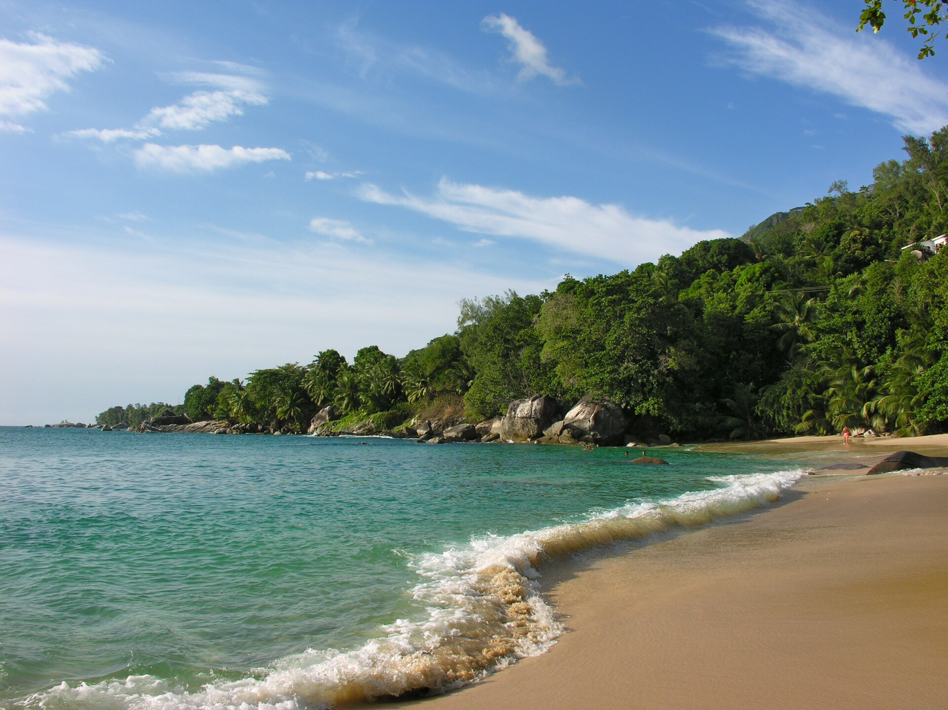 Green hillside running down to the shoreline at Beau Vallon, Mahé