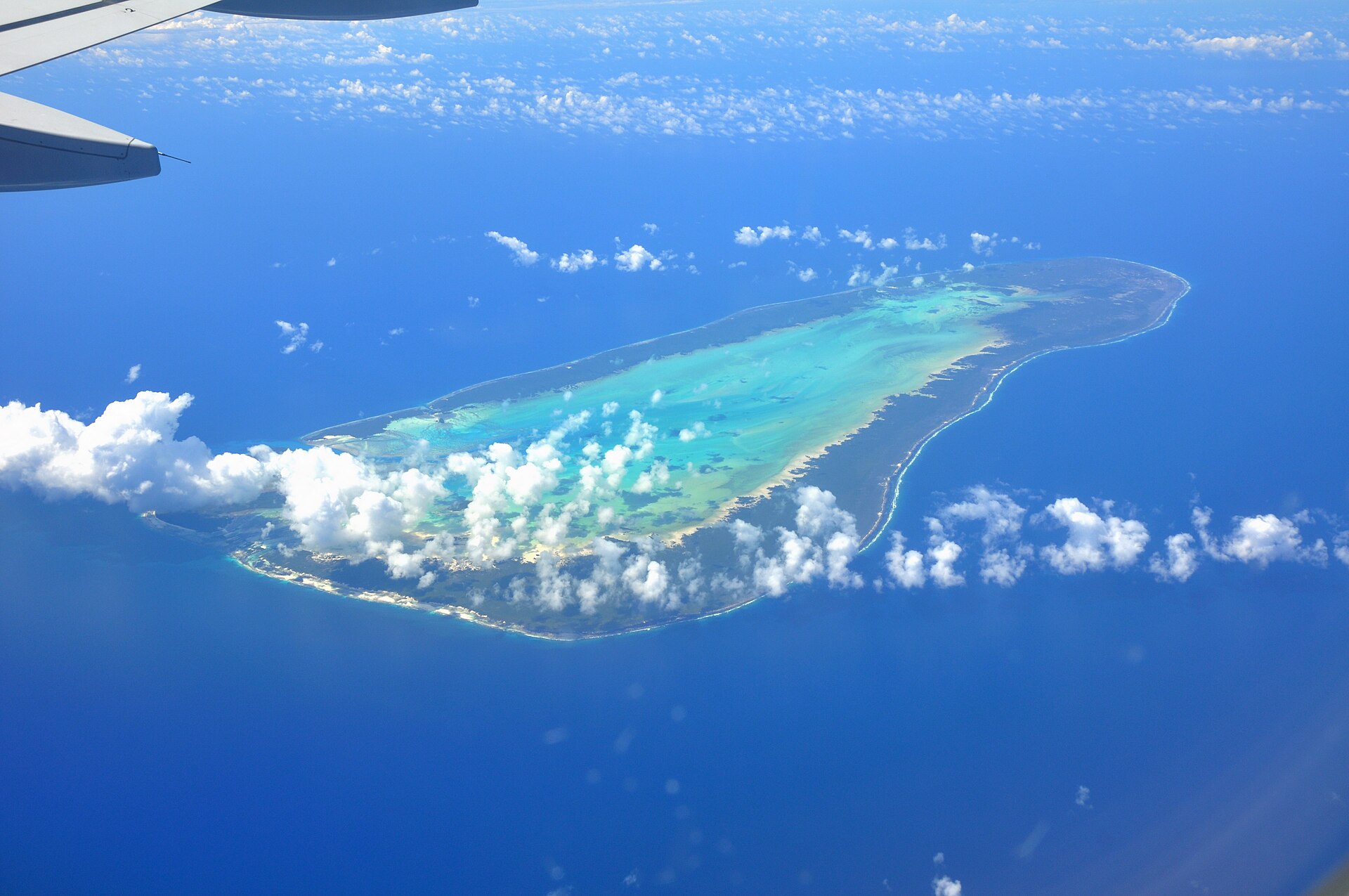 Aerial view of a low coral island in the Seychelles outer islands