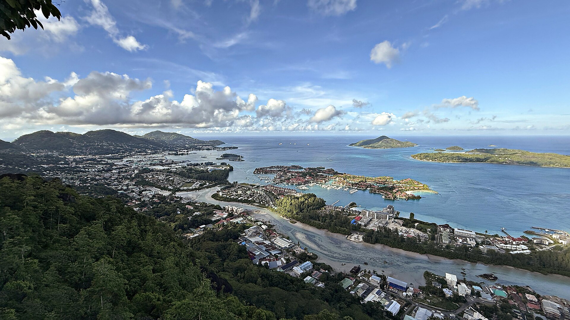 Victoria, the Seychelles capital, and its harbour seen from the hills above
